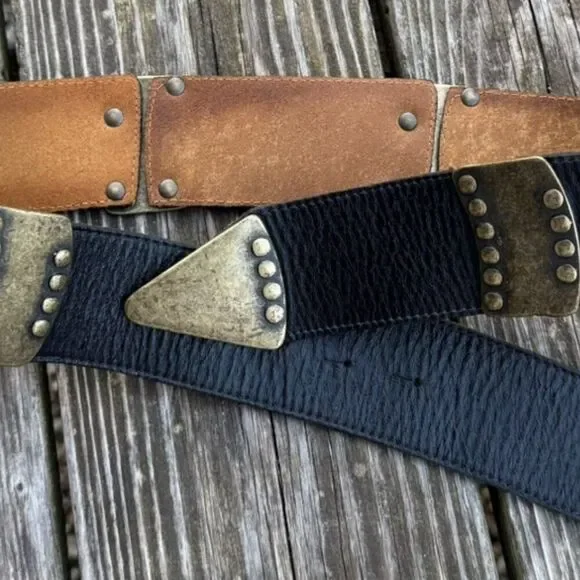 ADK Retro Vintage Black Leather Studded Belt with Antiqued Brass Hardware Edgy S - Picture 2 of 13